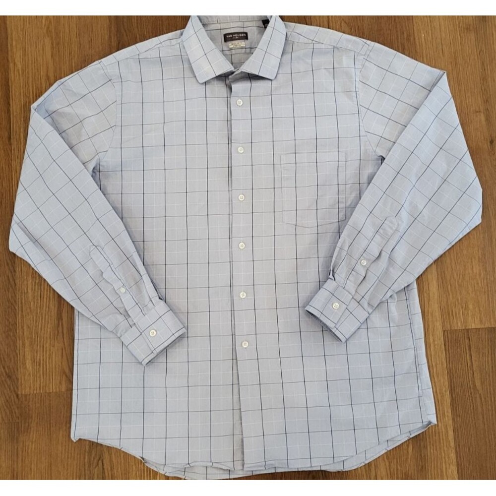 Van Heusen Flex Men’s Dress Shirt 16.5 34/35 Regular Fit Blue Plaid OEKO TEX
